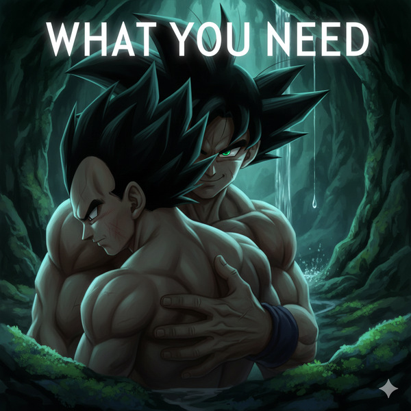 Dragon Ball Z Yaoi fanfiction cover art featuring Prince Vegeta, the Saiyan Prince, intimately embraced by Kakarot (Goku) in a dark, mossy grotto. Vegeta displays an expression of conflict and deep shame (Honte/Schamgefühl) while Goku smiles with pure, unconscious dominance. The image symbolizes their intense rivalry, the consumption of pride, and the surrender to primal desire.