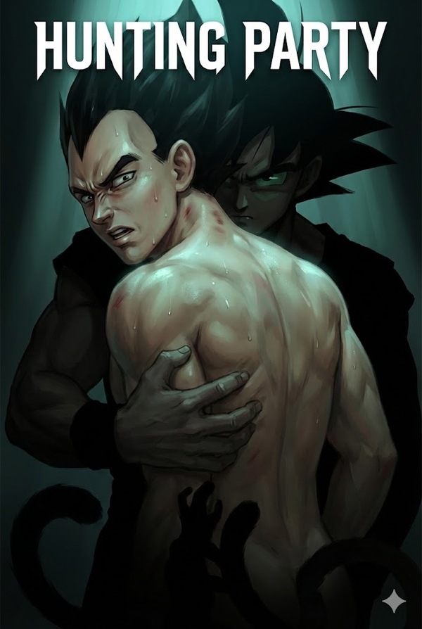 Dragon Ball Z Fanfiction Cover Art Hunting Party: Vegeta and Goku in a dark intimate cave, intense psychological tension, high quality digital painting