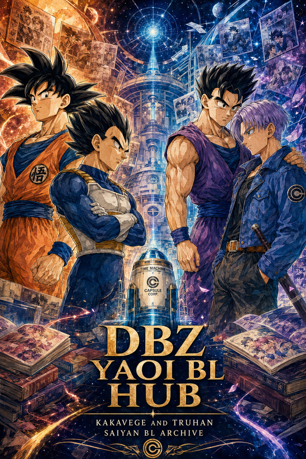 Goku, Vegeta, Gohan and Future Trunks standing around a Capsule Corp Time Machine inside the DBZ Yaoi BL Hub archive, representing Kakavege and Truhan Saiyan BL.
