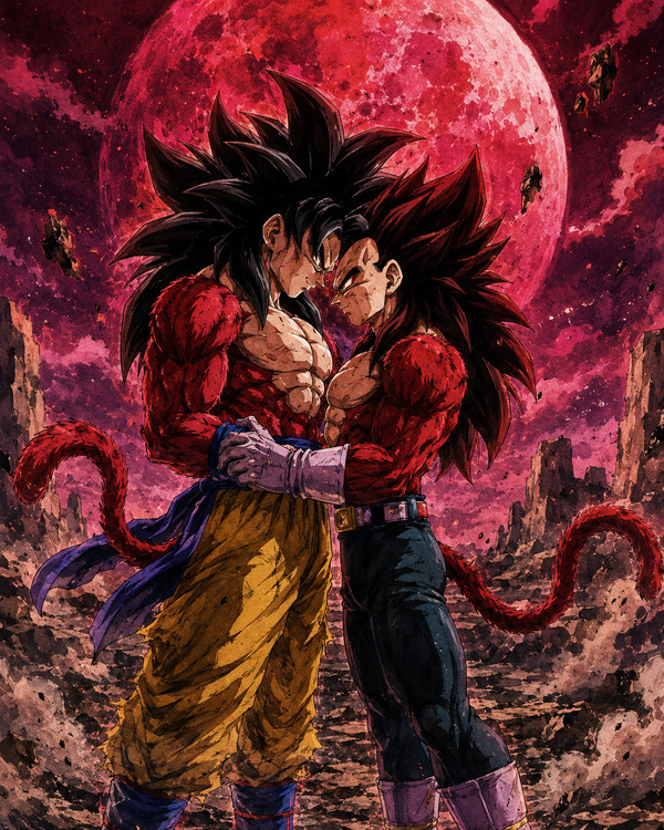 SSJ4 Goku and SSJ4 Vegeta embracing under a red blood moon in a ruined battlefield, with tails and primal Saiyan energy in a Kakavege BL fanart.