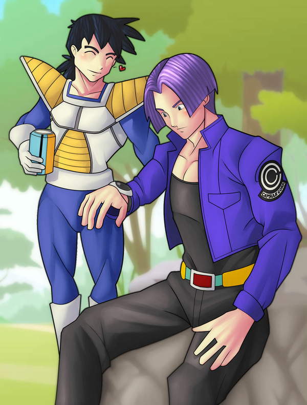 Gohan in Saiyan armor smiling beside Future Trunks in a Capsule Corp jacket after Mecha Freeza’s defeat, in a soft Truhan fanart by Darian.