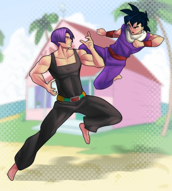Future Trunks training with young Gohan while waiting for Goku to wake up, in a light Dragon Ball Z fanart scene with Capsule Corp colors.