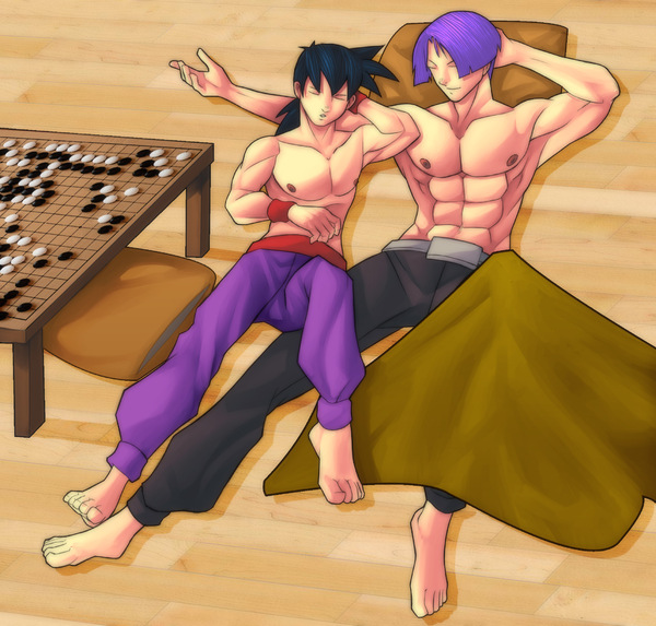 Future Trunks and young Gohan resting indoors beside a Go board in a quiet restored Dragon Ball Z fanart archive scene.