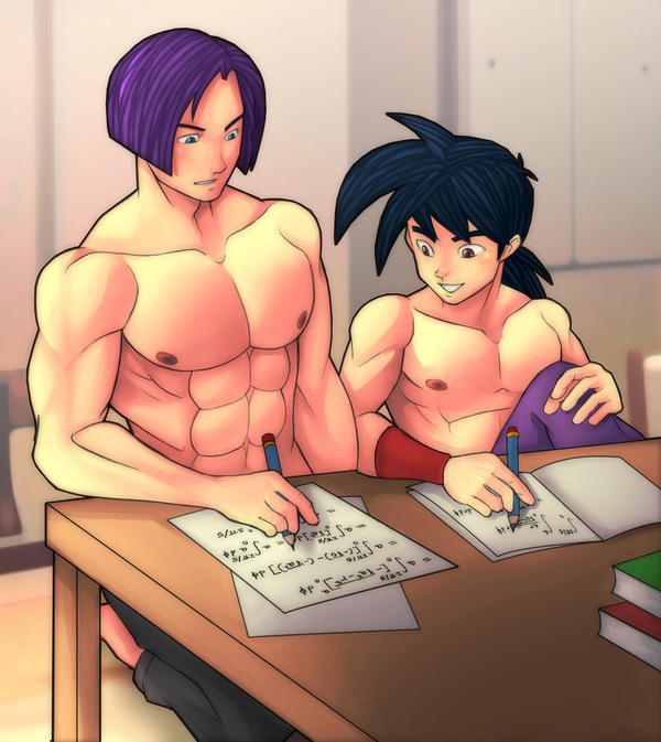 Future Trunks helping young Gohan with math homework at a desk while Goku recovers, in a soft restored Dragon Ball Z fanart archive scene.