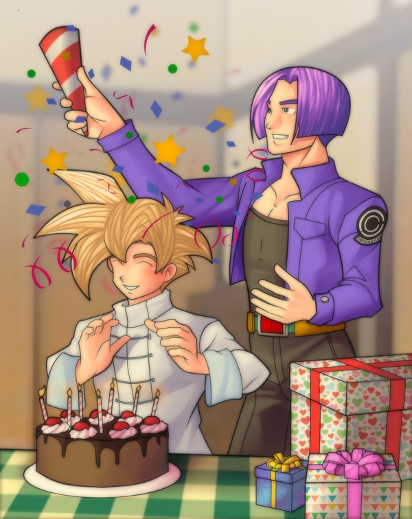 Future Trunks celebrating young Gohan’s birthday before the Cell Tournament, with cake, presents and confetti in a soft restored Dragon Ball Z fanart archive scene.