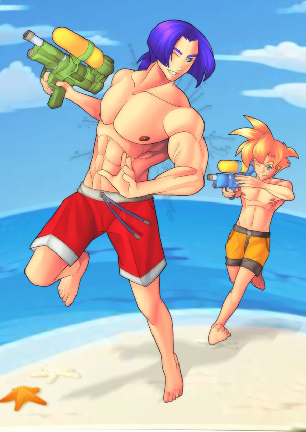 Future Trunks and young Gohan playing with water guns on the beach before the Cell Tournament, after Trunks trained in the Hyperbolic Time Chamber, in a restored DBZ fanart archive scene.