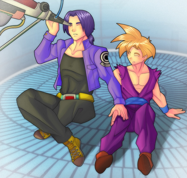 Future Trunks and young Gohan sitting together with a telescope in a quiet Broly inspired Dragon Ball Z fanart archive scene.