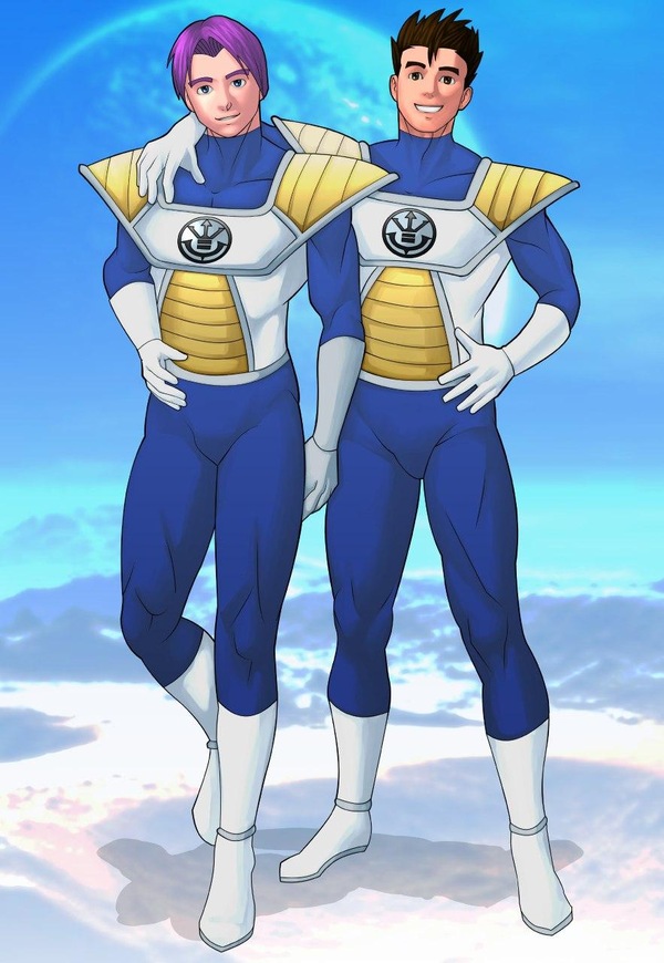 Adult Gohan and Future Trunks in matching planetary defense uniforms in a Truhan-inspired Dragon Ball AU where Vegeta rules Earth as king.