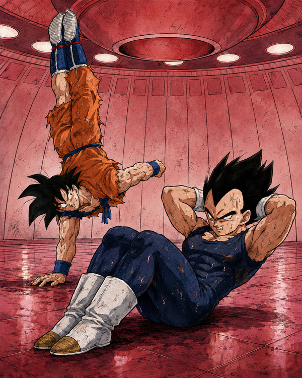 Goku doing a one-hand handstand while Vegeta trains beside him in a red Capsule Corp Gravity Room, showing Kakavege rivalry and Saiyan BL tension.