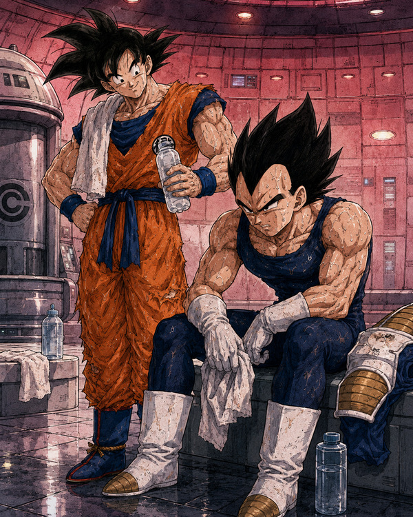 Goku offering Vegeta a water bottle after intense Gravity Room training at Capsule Corp, with sweat, towels and Kakavege Saiyan BL rivalry tension.