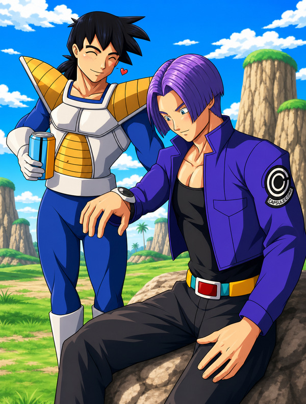 Gohan in Saiyan armor smiling beside Future Trunks in a Capsule Corp jacket after Mecha Freeza’s defeat, in a soft Truhan fanart by Darian.