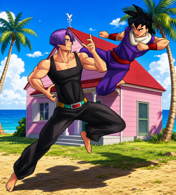 Future Trunks training with young Gohan while waiting for Goku to wake up, in a light Dragon Ball Z fanart scene with Capsule Corp colors.