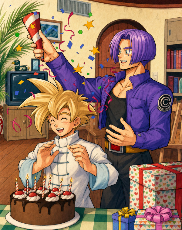 Future Trunks celebrating young Gohan’s birthday before the Cell Tournament, with cake, presents and confetti in a soft restored Dragon Ball Z fanart archive scene.