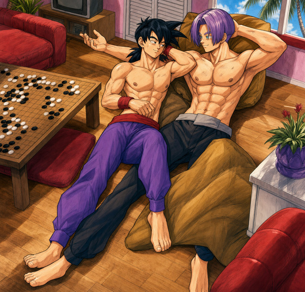Future Trunks and young Gohan resting indoors beside a Go board in a quiet restored Dragon Ball Z fanart archive scene.
