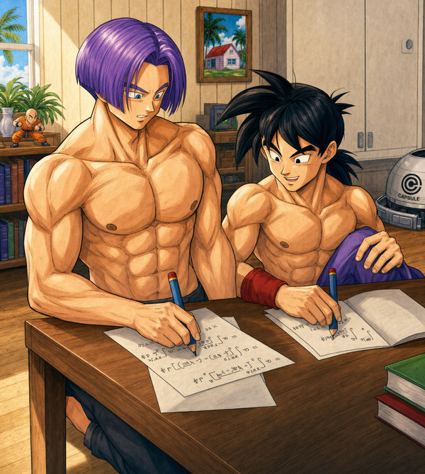 Future Trunks helping young Gohan with math homework at a desk while Goku recovers, in a soft restored Dragon Ball Z fanart archive scene.