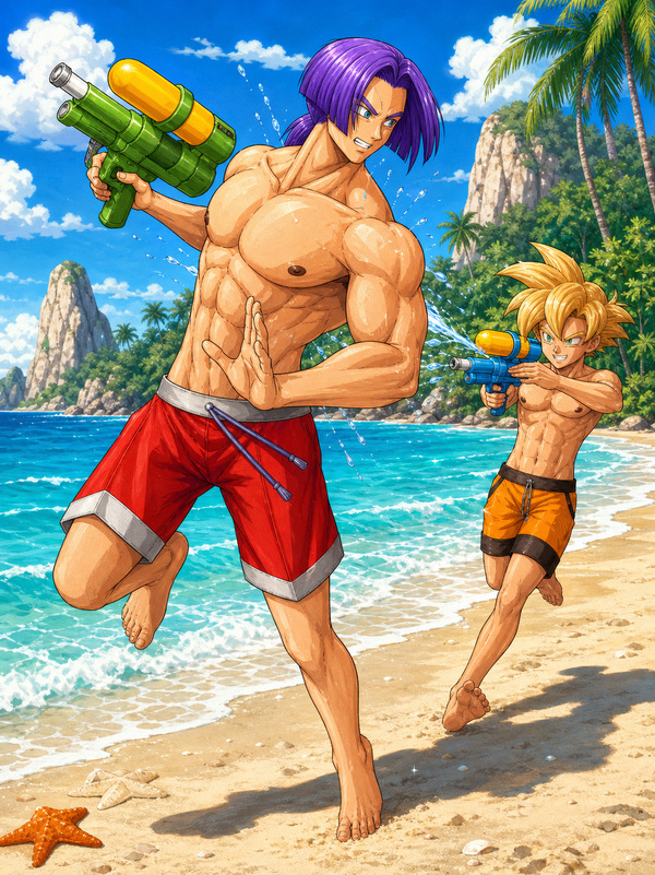 Future Trunks and young Gohan playing with water guns on the beach before the Cell Tournament, after Trunks trained in the Hyperbolic Time Chamber, in a restored DBZ fanart archive scene.