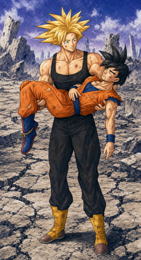 Future Trunks in Super Saiyan form carrying an injured young Gohan after battle in a Bojack movie inspired restored Dragon Ball Z fanart archive scene.
