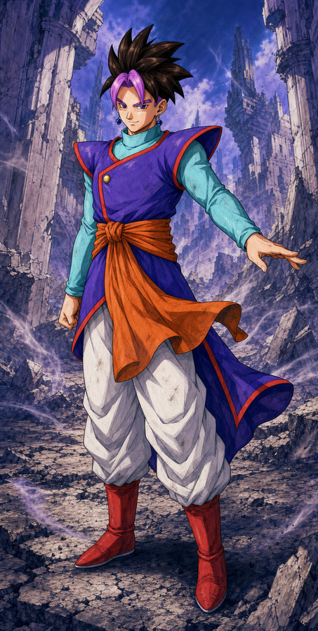 Potara fusion of adult Gohan and Future Trunks standing in ruined city surroundings, created to fight Zamasu in a Truhan-inspired Dragon Ball fanart.