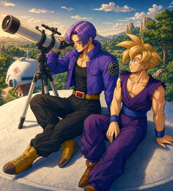 Future Trunks and young Gohan sitting together with a telescope in a quiet Broly inspired Dragon Ball Z fanart archive scene.