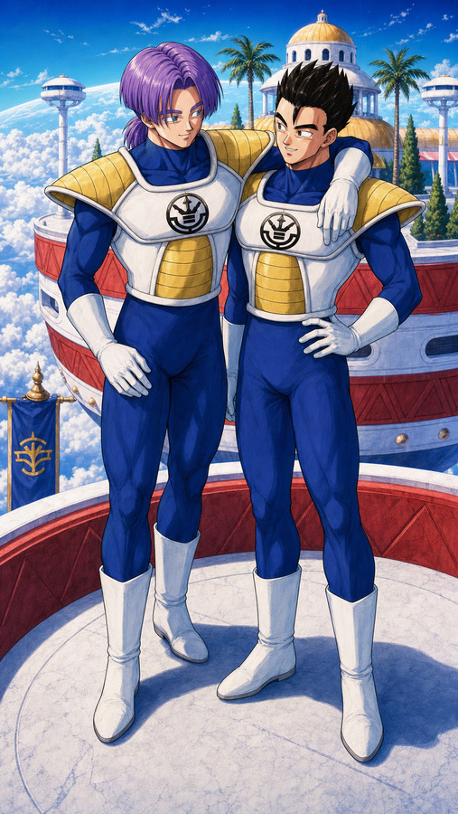 Adult Gohan and Future Trunks in matching planetary defense uniforms in a Truhan-inspired Dragon Ball AU where Vegeta rules Earth as king.
