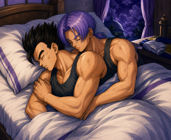 Adult Gohan and Future Trunks sleeping close together the night before fighting Goku Black, in an intimate Truhan Dragon Ball fanart.