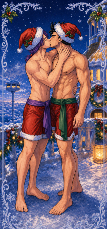 Adult Gohan and Future Trunks wearing Santa hats and sharing a Christmas kiss in a mature non-explicit Truhan Saiyan BL fanart.
