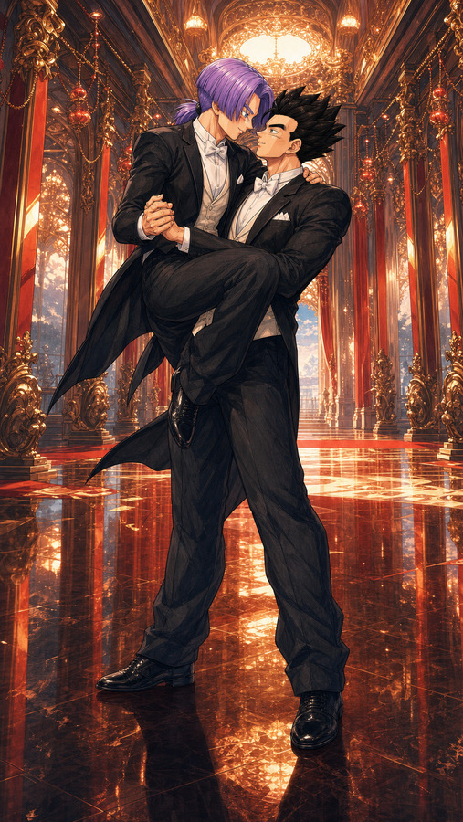 Adult Gohan carrying Future Trunks in a golden ballroom while they wear formal tuxedos, in a romantic Truhan Saiyan BL dance fanart.