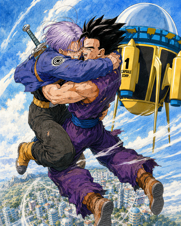 Adult Gohan and Future Trunks embracing in midair near Capsule Corp after Goku Black’s defeat in an emotional Truhan reunion fanart.