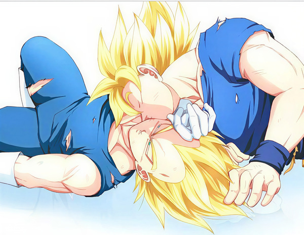 Super Saiyan Goku and Super Saiyan Vegeta lying close together on the ground in an intimate post-battle moment in a dramatic Kakavege Saiyan BL fanart. Torn blue gis, golden spiky hair, intense emotional and physical proximity.