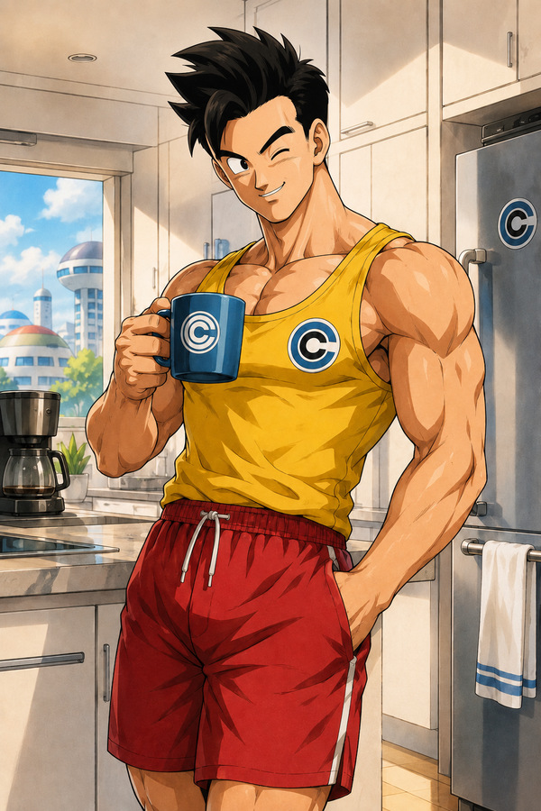 Adult Gohan holding a Capsule Corp coffee mug in a sunny kitchen, wearing a yellow tank top and red shorts in a soft Dragon Ball fanart portrait.