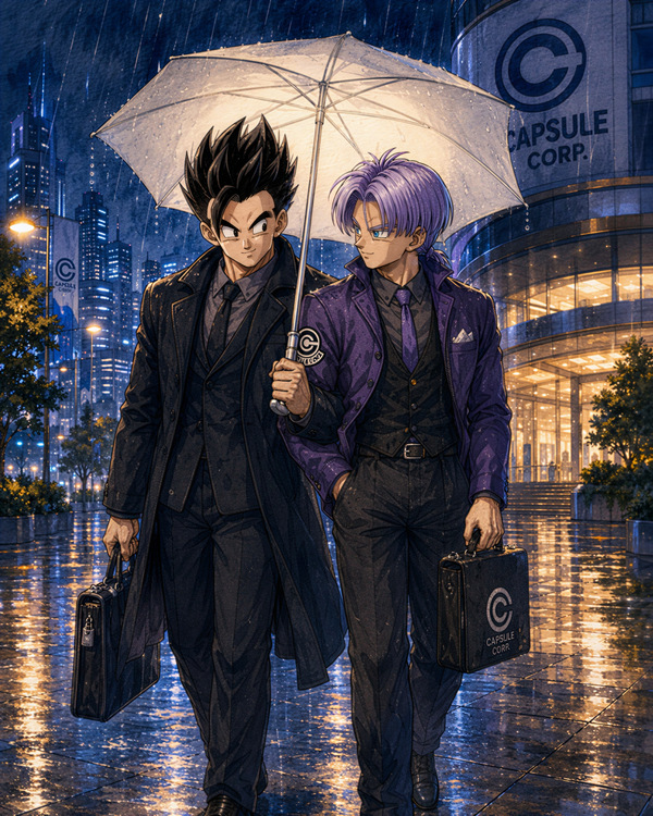 Gohan and Future Trunks walking under an umbrella in the rain outside Capsule Corp, wearing formal suits in a soft Truhan Saiyan BL fanart.