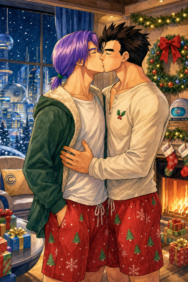 Adult Gohan and Future Trunks sharing a Christmas kiss in a decorated winter room at Capsule Corp, shown as a mature censored Truhan holiday fanart.