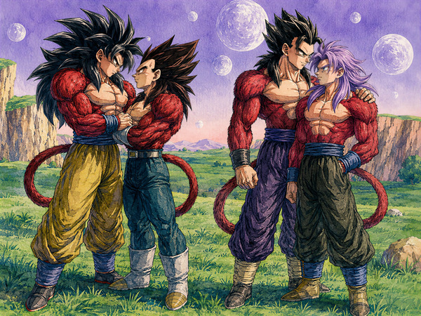 SSJ4 Goku and Vegeta standing close beside adult Gohan and Future Trunks in SSJ4 forms, showing Kakavege and Truhan as two Saiyan BL generations.