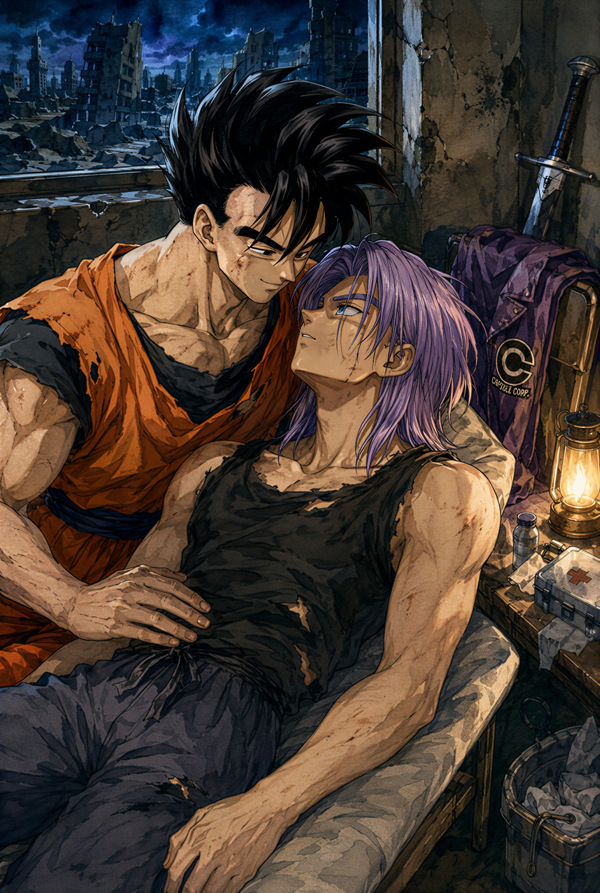 Adult Gohan comforting an injured adult Future Trunks on a bed in a ruined city hideout, with Trunks’ sword and Capsule Corp jacket nearby in a Truhan hurt comfort fanart.