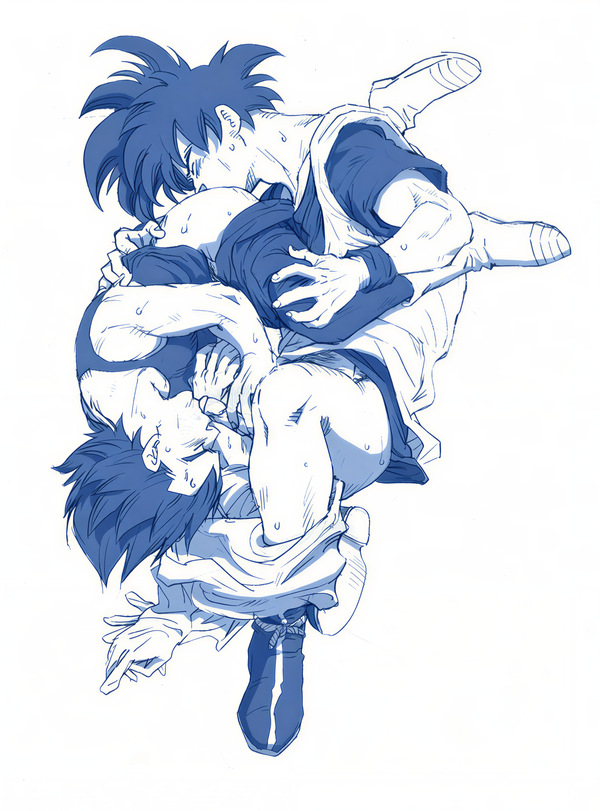Adult Gohan comforting an injured adult Future Trunks on a bed in a ruined city hideout, with Trunks’ sword and Capsule Corp jacket nearby in a Truhan hurt comfort fanart.