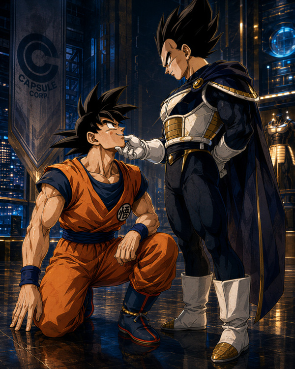 Vegeta in royal Saiyan armor lifting Goku’s chin while Goku kneels and smiles inside Capsule Corp, in a suggestive VegeKaka Vegeta x Goku BL fanart.