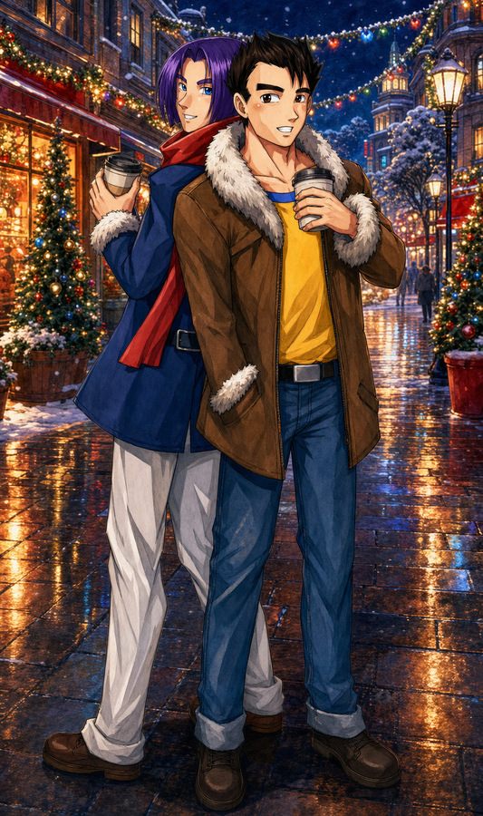 Adult Gohan and Future Trunks holding coffee cups together at a snowy Christmas market in a soft Truhan winter romance fanart.