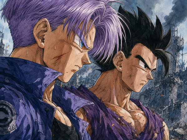 Future Trunks facing Black Future Gohan in a ruined city after Zamasu vampirized him, in a dark Truhan Future Saga AU fanart.