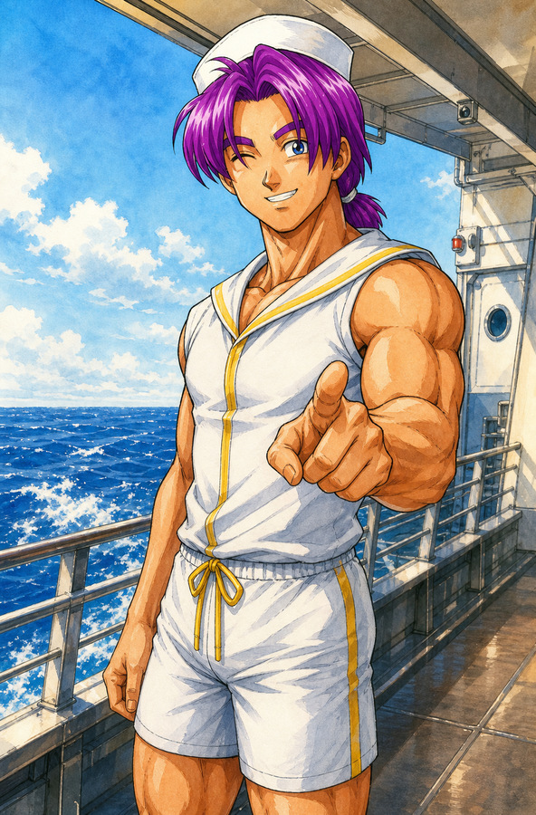 Future Trunks wearing a white sailor outfit on a Capsule Corp cruise ship deck, smiling beside the ocean in a soft Dragon Ball summer fanart portrait.