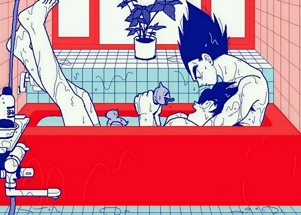 Vegeta leaning over Goku in a red bathtub, both wet and intimately close in a stylized VegeKaka Saiyan BL fanart. Blue tiles, steam, sensual atmosphere, water and foam on skin.