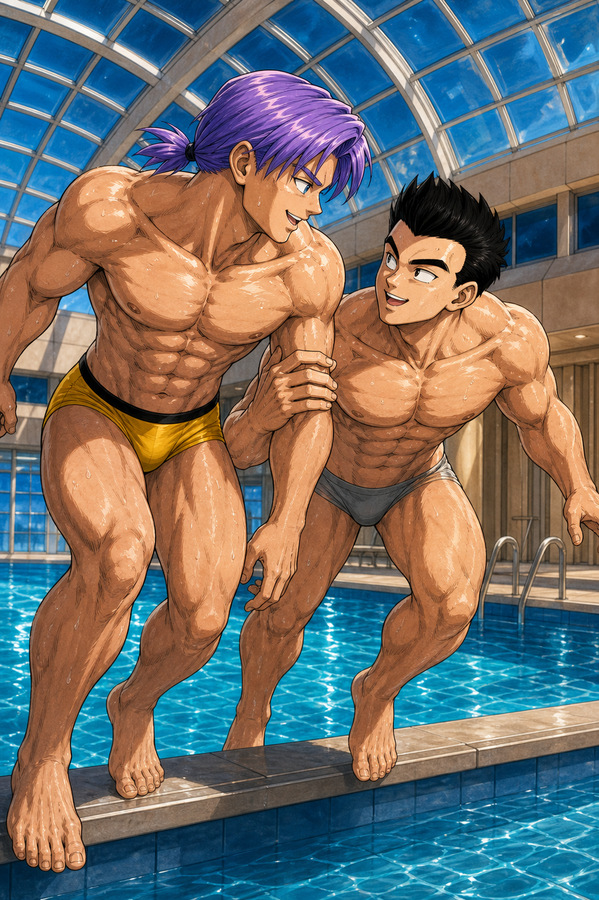 Gohan and Future Trunks standing at the edge of an indoor pool in swim briefs, smiling at each other in a Dragon Ball fanart dyptich scene.