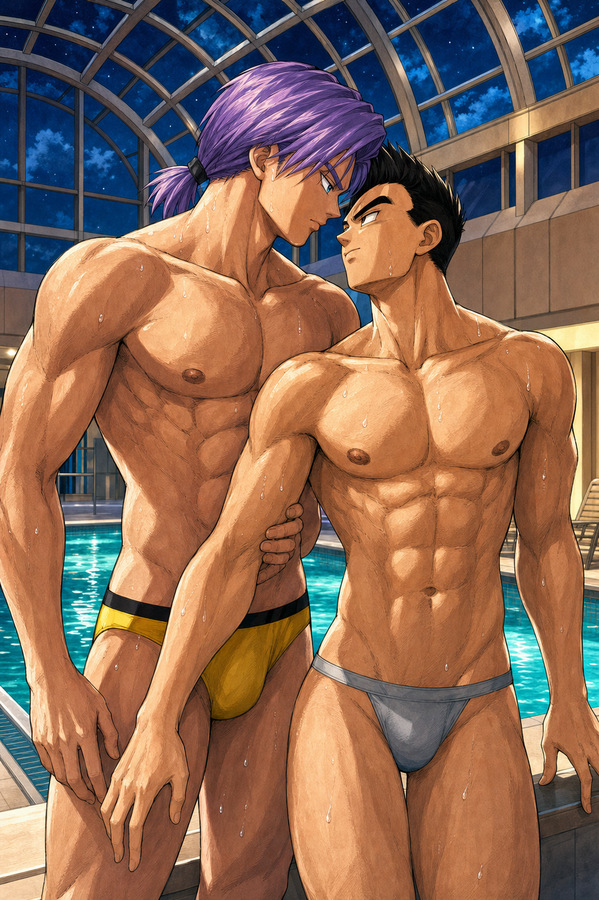 Future Trunks and Gohan standing very close beside an indoor pool, wet from swimming and gazing at each other in a romantic Dragon Ball fanart scen