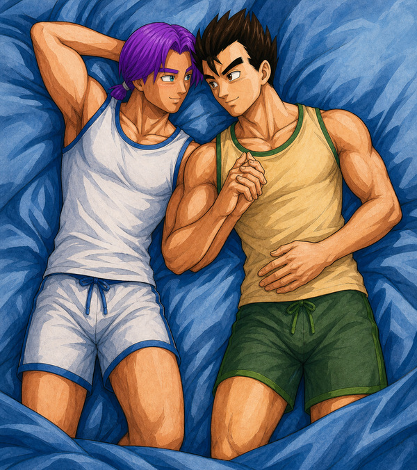 Adult Gohan and Future Trunks lying together on blue sheets, holding hands and smiling at each other in a soft Truhan pillow talk fanart.