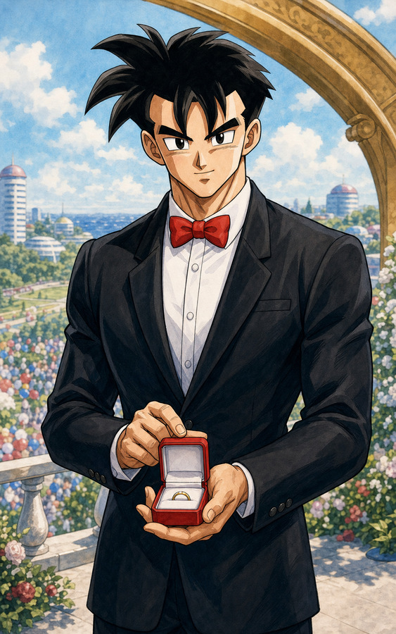 Future Gohan holding an engagement ring in a black tuxedo, preparing to propose to Future Trunks in a romantic Truhan game-inspired Dragon Ball AU fanart.