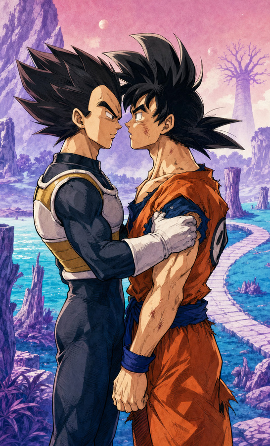 Vegeta gripping Goku’s shoulder after battle on Beerus’s Planet, with Goku in a torn gi and both Saiyans staring closely in a VegeKaka Saiyan BL fanart.