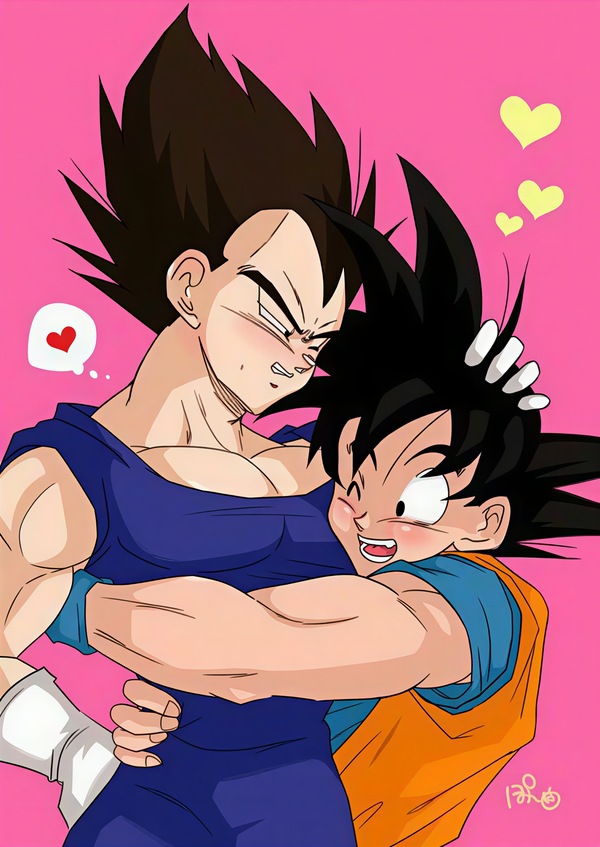 Vegeta hugging Goku with a tsundere blush and serious expression while Goku smiles happily in a cute wholesome Kakavege Saiyan BL fanart. Pink background with hearts.