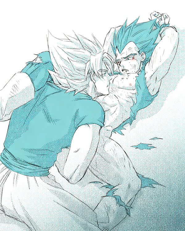 Super Saiyan Goku and Super Saiyan Vegeta in an intense explicit moment, Goku on top in a powerful Kakavege Saiyan BL fanart. Torn clothes, sweat, primal energy.