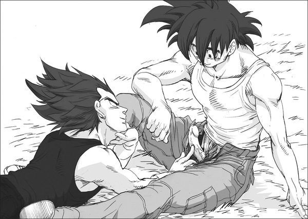 Vegeta touching Goku intimately in an explicit black and white manga-style Kakavege Saiyan BL fanart. Vegeta on top, Goku lying back with open pants, outdoor setting.