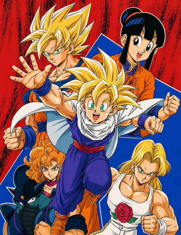 Restored official Dragon Ball Z shitajiki featuring Super Saiyan Gohan with Super Saiyan Goku, Chi-Chi, Miss Piiza, Pirozhki and Caroni, archived as a movie-era visual canon reference.