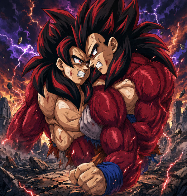 SSJ4 Goku and SSJ4 Vegeta locked in a fierce close combat clash amid lightning and ruined battlefield debris in a primal Kakavege Saiyan BL fanart.